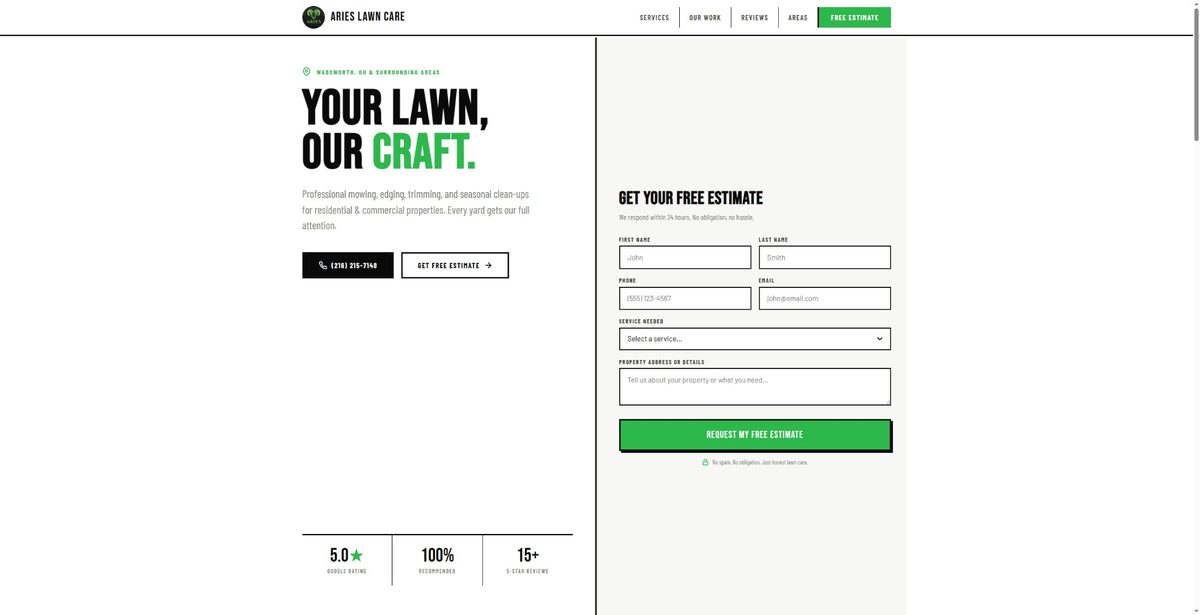 Aries Lawn Care website screenshot